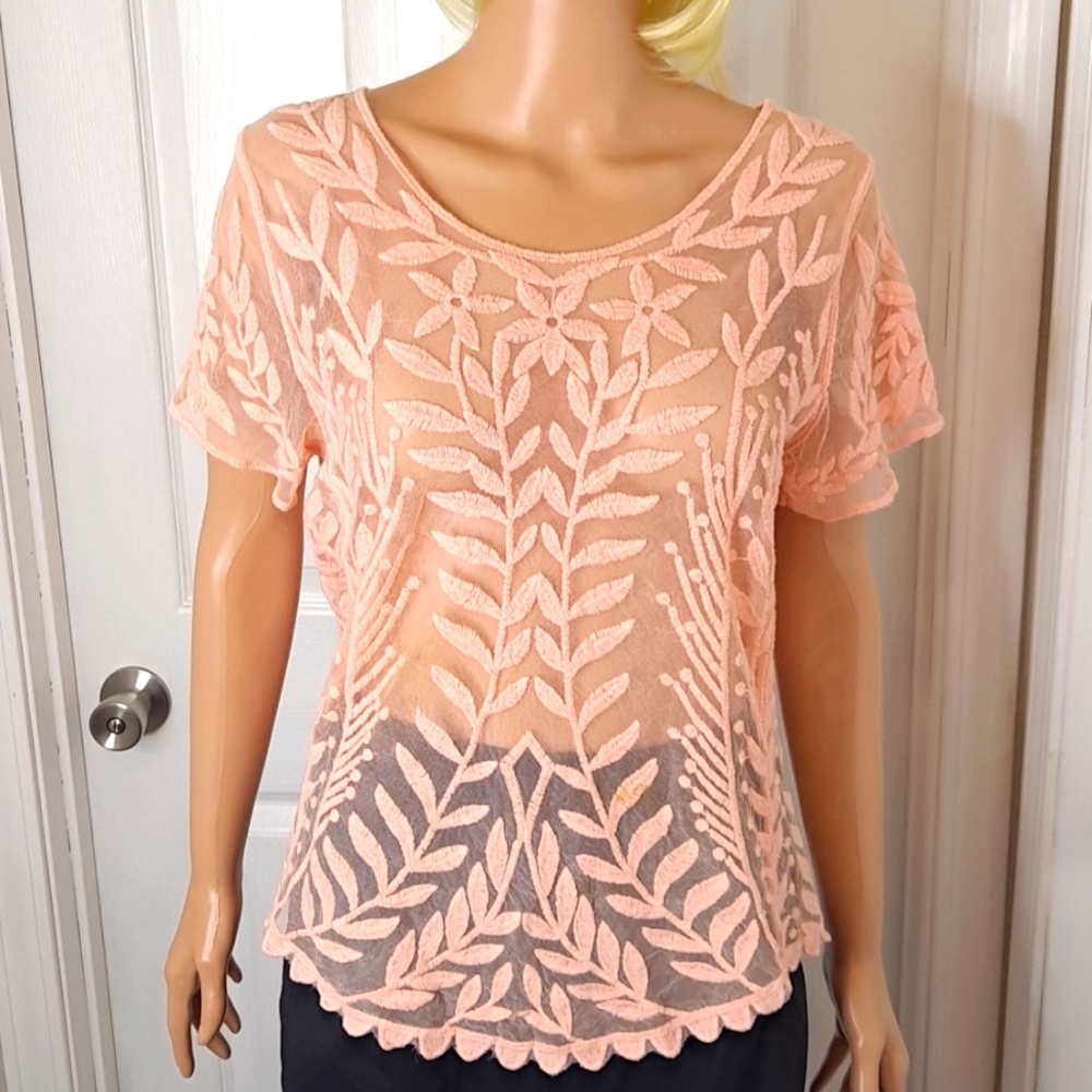 Pink Lace Floral Mesh Crew-Neck See-Through Top by Xhilaration